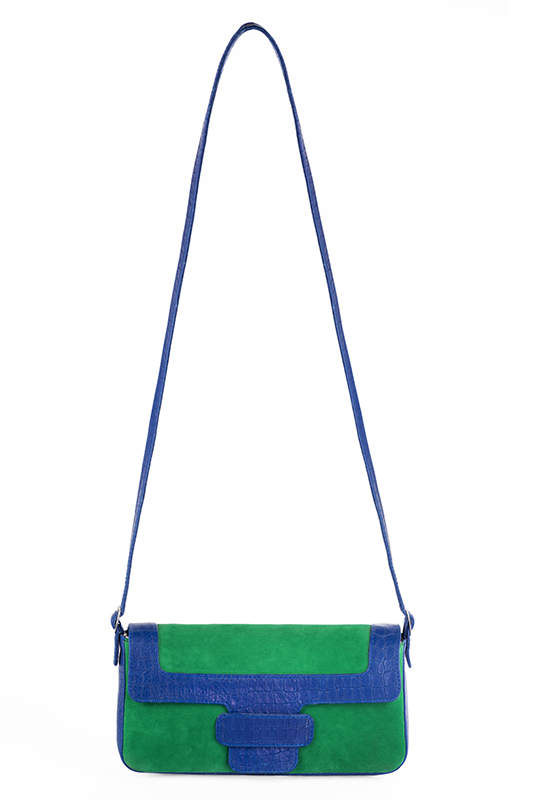 Emerald green and electric blue women's dress handbag, matching pumps and belts. Top view - Florence KOOIJMAN
